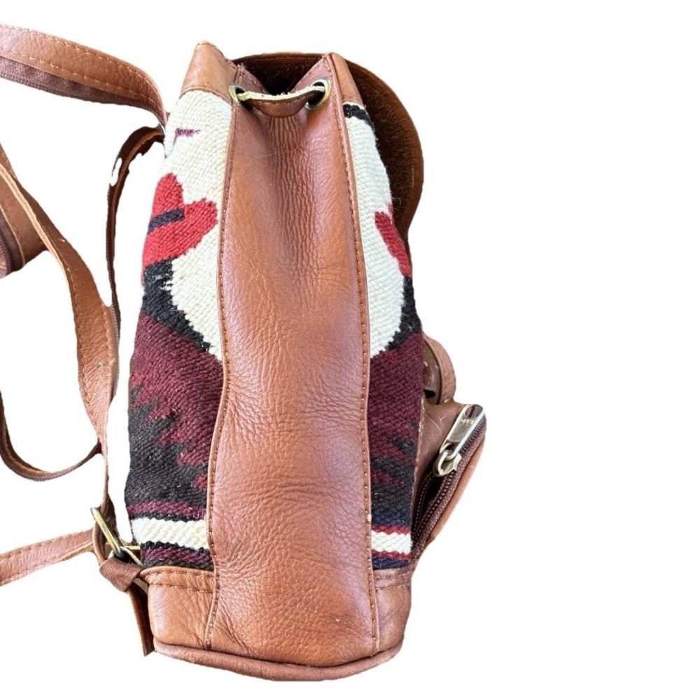 Leather &Woven Woolen Textile Small Backpack Crossbody Bag — Brown, Boho Vintago - Picture 7 of 14